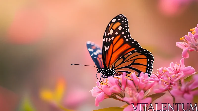 Monarch daydream pauses on neon-pink spring blossoms.