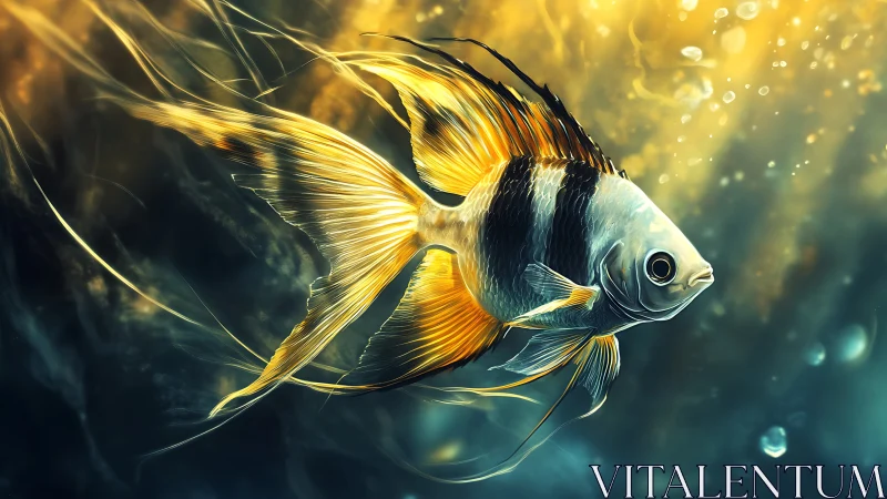 Iridescent angelfish glides through bokeh‑lit aquatic currents