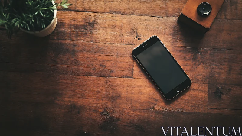 Smartphone on Wooden Desk with Accessories. Modern workspace setup.