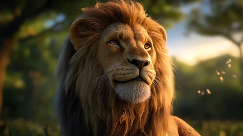 Sunlit lion king gazes over golden savanna morning breeze.