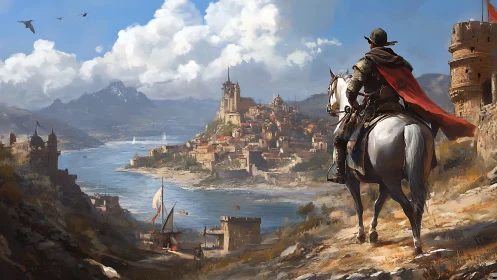 Lone rider overlooks a sunlit medieval riverside city