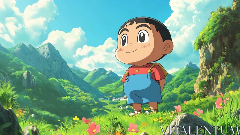 Child explorer in sunlit alpine meadow with lush mountains.