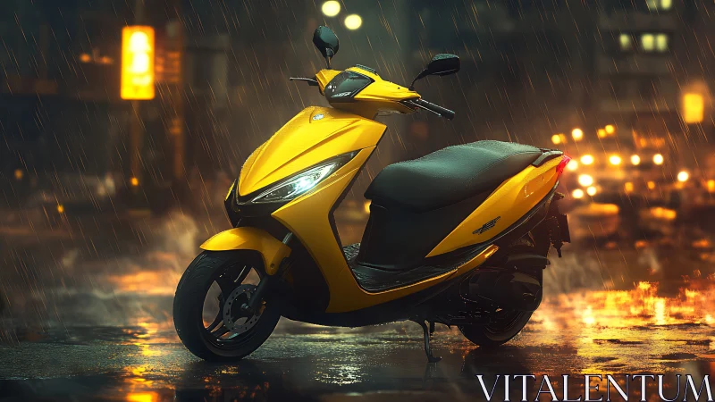 Yellow scooter stands luminous in rainy neon city street.