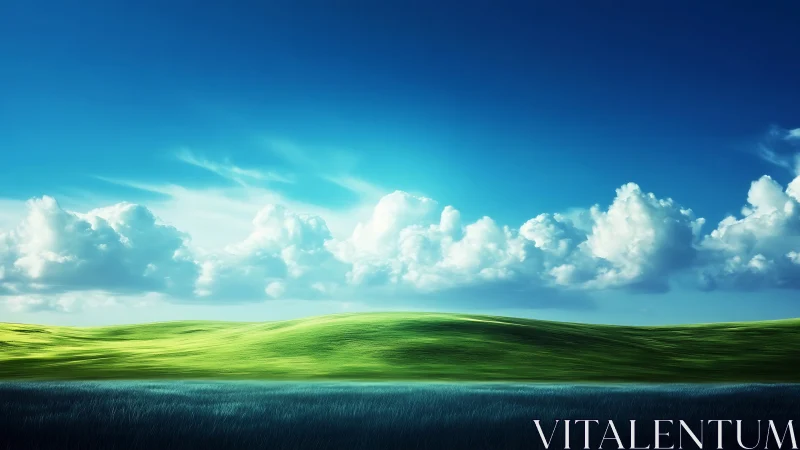 Rolling green hills meet bright blue sky in tranquil panorama.