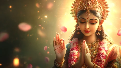 Intricately rendered goddess figure in symmetrical devotional pose