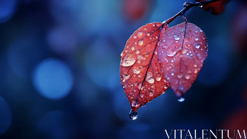Two wet red leaves hang from a branch against defocused blue bokeh