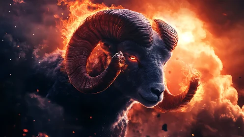 Fiery horned ram emerging boldly from swirling flames.