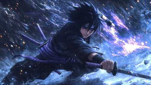 Anime swordsman lunges forward through storm of blue energy