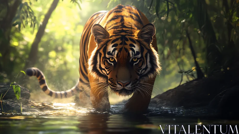 Photorealistic Bengal tiger stalking through sunlit jungle stream