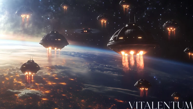 Orbital descent of domed fusion landers over luminous Earth.