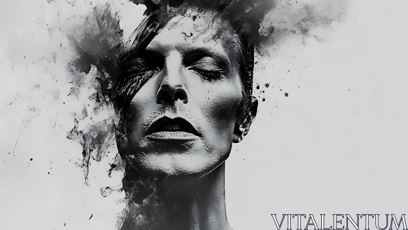 Monochrome portrait dissolves into abstract ink smoke.
