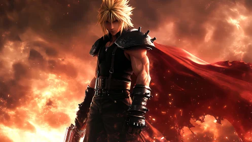 Spiky-haired warrior stands against blazing storm of fire.