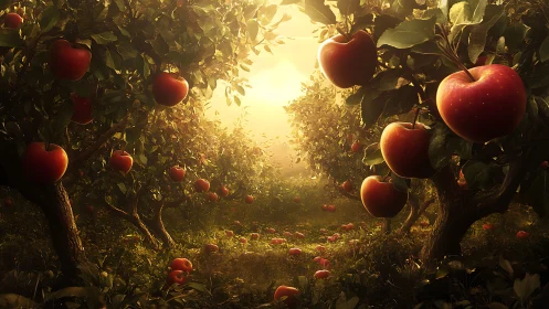 Sunlit orchard glows around ripe red apples hanging low