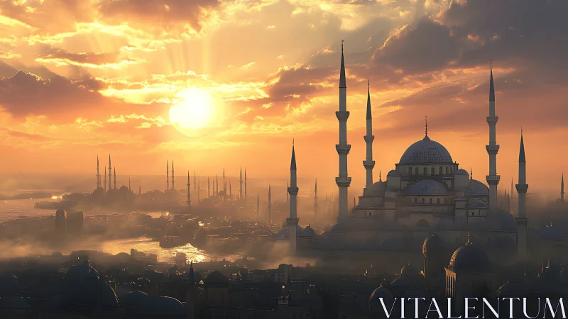 Sunlit domed mosque skyline rises through golden coastal haze