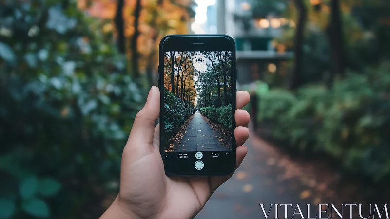 Hand holding smartphone with woodland pathway scene display.