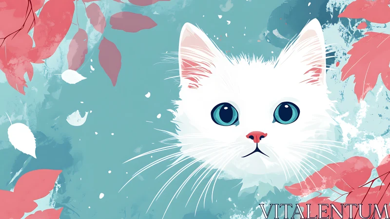 A White Cat with Mesmerizing Eyes Among Coral Blooms.