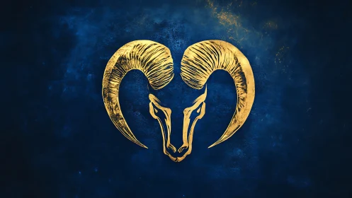 Celestial golden ram sigil blazing over midnight blue.