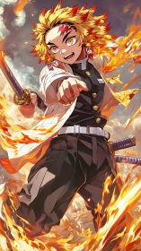 Flame-wreathed swordsman lunging forward in blazing fury.