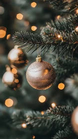 Gold glass bauble humming softly in evergreen bokeh glow.