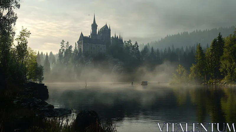 Misty forest castle rises above a tranquil mountain lake