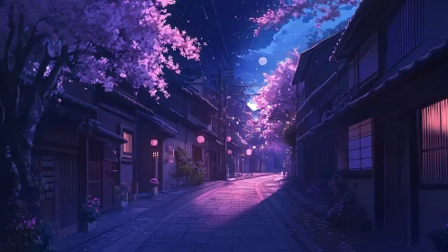 Moonlit sakura lane humming with lanternlit midnight hush.
