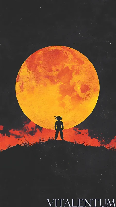 Silhouetted warrior against oversized lunar disc at dusk.