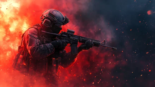 Armored soldier advances through explosive red battlefield.