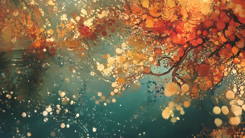 Autumnal bokeh tree canopy over teal reflective surface