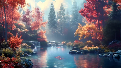 Radiant autumn forest lagoon with cascading waterfalls glow.