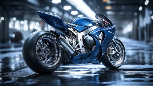 Ultra-polished blue superbike in cinematic wet garage.
