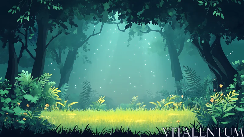 Enchanted Forest Clearing at Dawn with Glowing Light.