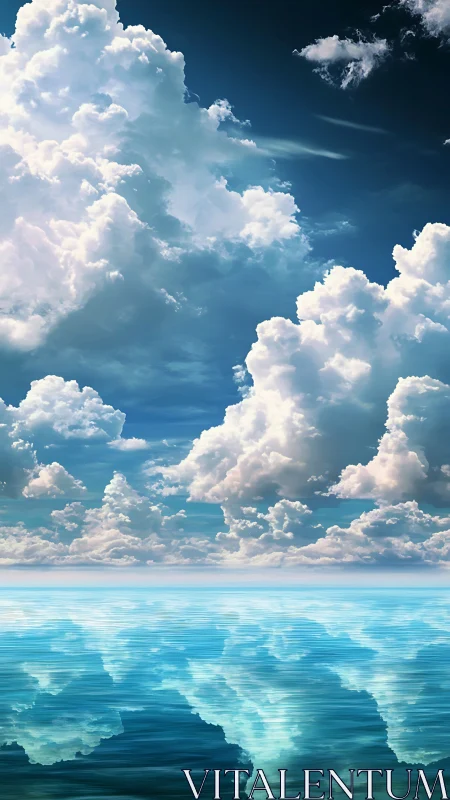 Cinematic cumulus clouds mirrored over tranquil azure sea.