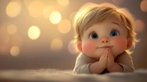 Soft golden lights glow around a wide eyed hopeful baby