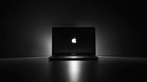 Laptop sits centered in dark room with glowing logo visible