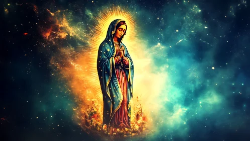 Radiant robed saint stands in glowing cosmic nebula light