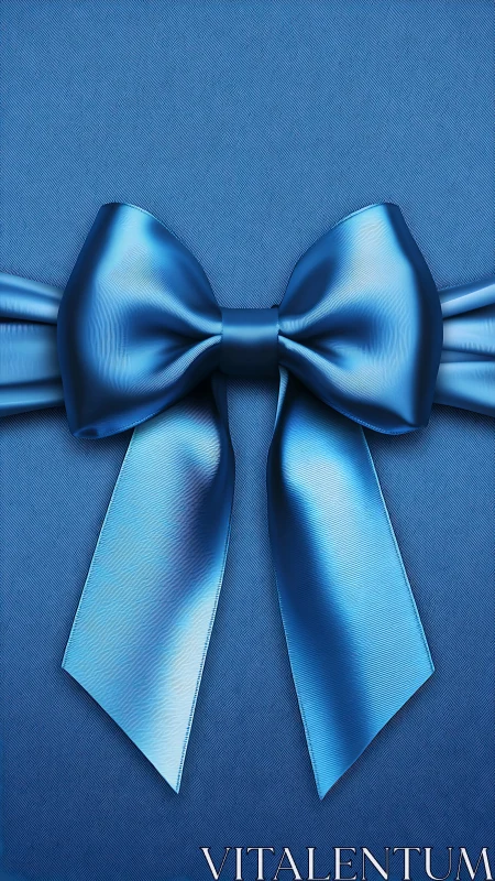 Blue silk bow with trailing ribbons on solid background.