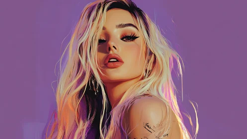 Contemporary portrait featuring platinum blonde female subject against purple gradient backdrop.