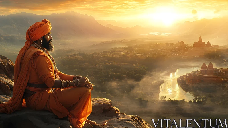 Sunlit sage resting above a peaceful golden river valley.