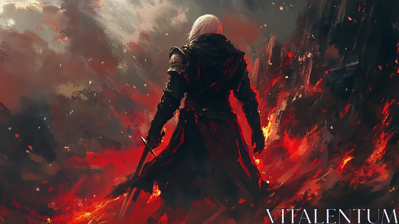 Lone warrior stands amid burning battlefield in embers.