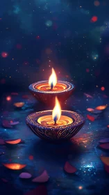 Digital painting of festive oil lamps with bokeh-lit petals.