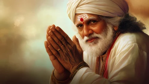 Elderly Hindu guru with folded hands in soft golden lighting