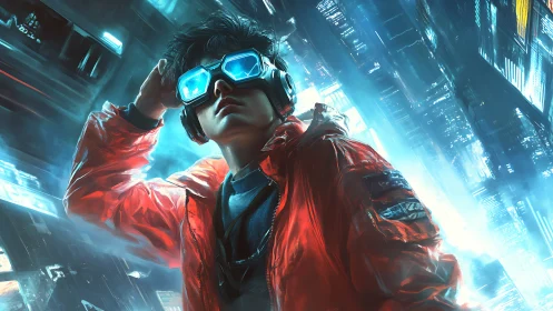 Neon city dreamer in glowing goggles and bright red jacket.