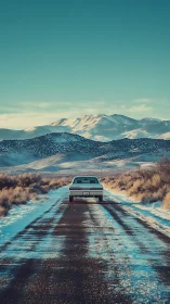 Snowy desert road welcomes a lone car toward calm mountains