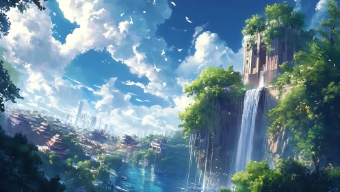 Sky-brushed future temples cradle waterfalls and lost forests