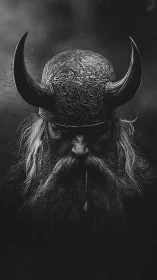 Monochrome horned Viking warrior portrait with ornate helmet