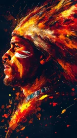 Warrior portrait blazes with tribal fire and motion.