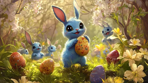 Blue rabbits hold decorated eggs in a sunlit forest clearing