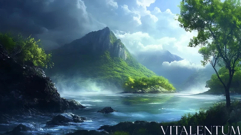 Mountainous fjord landscape with layered geological formations and water body