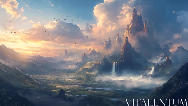 Sunlit fantasy peaks over misty waterfalls and valley.