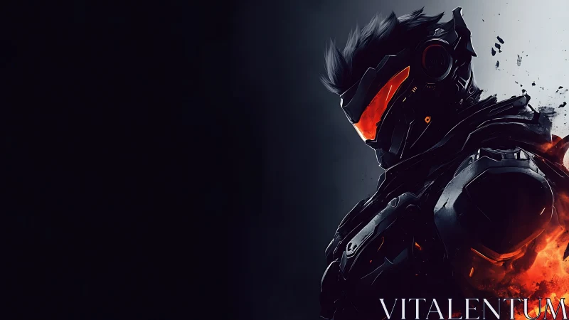 Armored cybernetic warrior ignites against a void backdrop